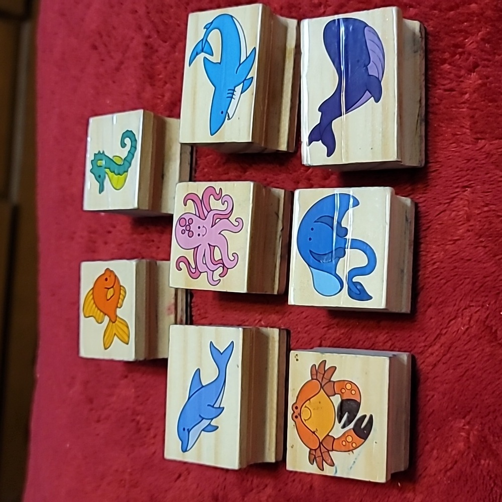 Set of 10 Marine Life Wooden Rubber Stamps
